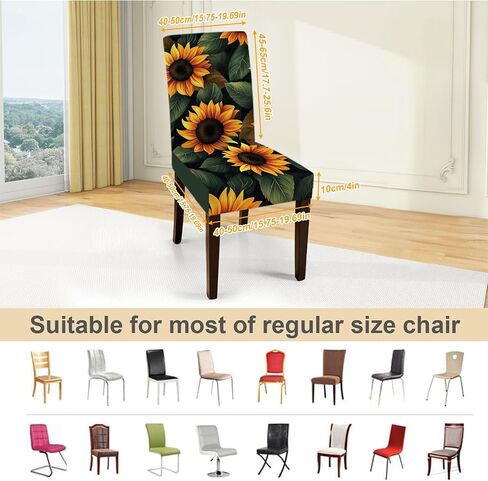 أغطية كرسي عباد الشمس لغرفة الطعام - أغطية زهرية تمتد مع عباد الشمس الصفراء الزاهية على الخلفية المظلمة - حماة مقاعد زخرفية قابلة للغسل للمطبخ ، الصيف ، ديكور المزرعة ، مجموعة من 6 in Kuwait