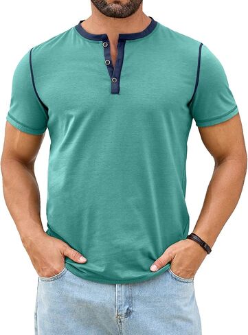 HOTake Men's Henley Shirts Short Sleeve Fitted Cotton Muscle T-Shirt with Button in Kuwait
