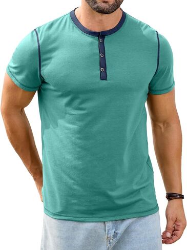 HOTake Men's Henley Shirts Short Sleeve Fitted Cotton Muscle T-Shirt with Button in Kuwait