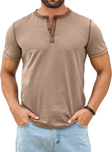 HOTake Men's Henley Shirts Short Sleeve Fitted Cotton Muscle T-Shirt with Button in Saudi Arabia