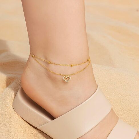 Amberta Silver Gold Bracelets Otkle للنساء | بوهو الطبقات خلخال للنساء | المجوهرات الصيفية ، القلب القابل للتعديل في الكاحل حبل حبل مطرز in Kuwait