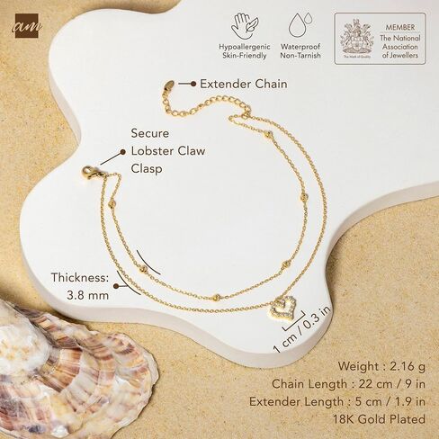 Amberta Silver Gold Bracelets Otkle للنساء | بوهو الطبقات خلخال للنساء | المجوهرات الصيفية ، القلب القابل للتعديل في الكاحل حبل حبل مطرز in Kuwait