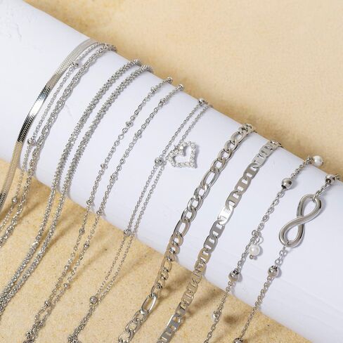 Amberta Silver Gold Bracelets Otkle للنساء | بوهو الطبقات خلخال للنساء | المجوهرات الصيفية ، القلب القابل للتعديل في الكاحل حبل حبل مطرز in Kuwait