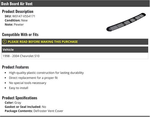 Dash Board Air Vent - Compatible with 1998-2004 Chevy S10 in Saudi Arabia