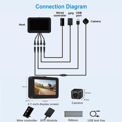 كاميرا الرؤية الخلفية للدراجة من VSYSTO، كاميرا مرآة مضادة للماء للدراجة مع شاشة 4.3 بوصة، نظام تحديد المواقع العالمي (GPS)، وحدة تحكم سلكية، تسجيل حلقي، رؤية ليلية in Kuwait