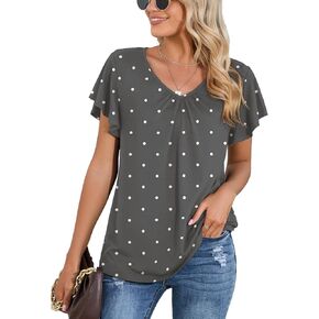 Iandroiy المرأة غير الرسمية shirred v-neck أعلى الكشكش القمصان قصيرة الأكمام in Kuwait