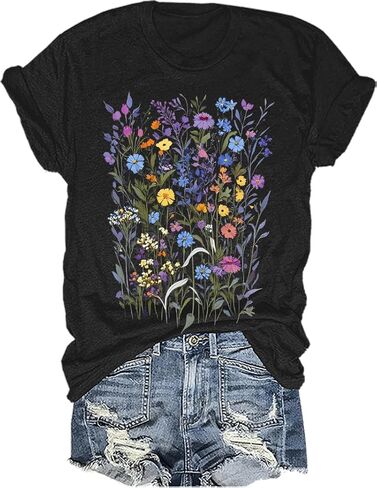 Women's Floral Graphic Loose Tees Boho Wildflower T-Shirt Short Sleeve Casual Tops in Saudi Arabia