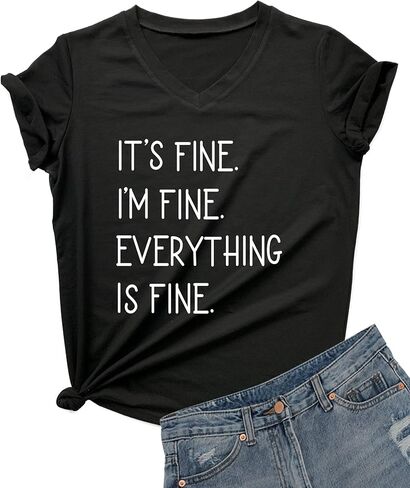 DANVOUY Women's V-Neck Its Fine Im Fine Funny Letter Print T-Shirt Graphic Short Sleeve Top in Kuwait