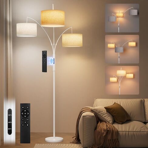 36W LED Arc Floor Lamp with 3 Fabric Shades, 3000LM Super Bright Standing Lamp with Remote Control & Touch, Stepless Dimming, Individual Light Control for Living Room, Bedroom in Kuwait