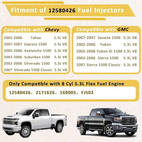 2002-2006 GM-5.3L-Flex-Legine Injectors ، متوافقة مع/Chevy 5.3 Tahoe Silverado Suburban ، متوافق مع/GMC Yukon XL Sierra ، | OE# 12580426 | | مجموعة من 8 | in Saudi Arabia
