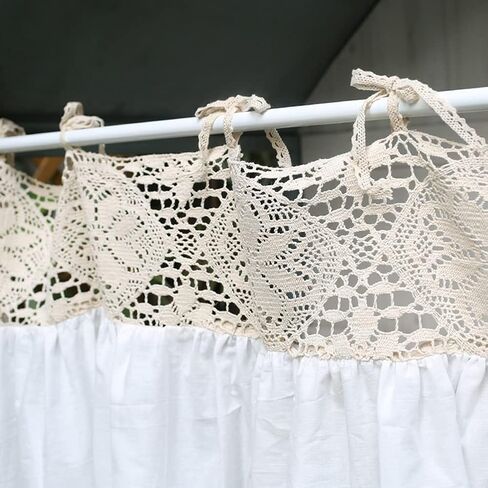 Shabby Chic Valance, White Cotton Stitching Beige Lace Tie Up Top Kitchen Short Curtain, Rustic Cafe Half Drapes for Bathroom/Children's Room (Size : WxH 120x63cm/47x25inch) in Saudi Arabia