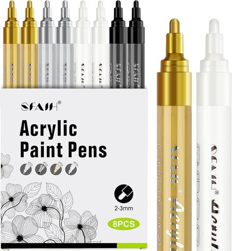 SFAIH Acrylic Silver Paint Pens - 8 Pack 2-3MM Medium Tip & 0.7MM Extra Fine White Paint Marker for Rock Painting, Wood, Metal, Fabric, Canvas, Glass, Ceramic, Diy Crafts in Kuwait