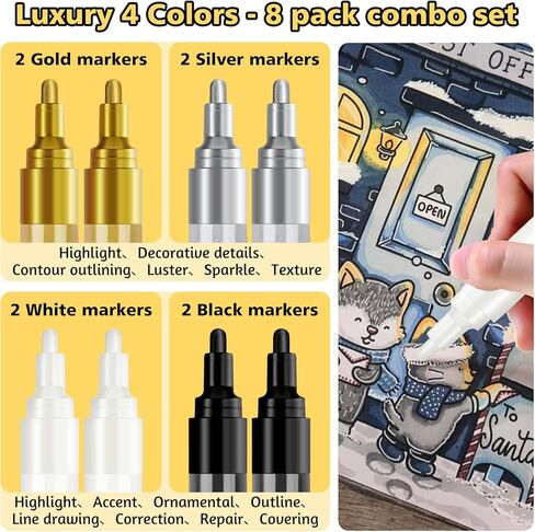 SFAIH Acrylic Silver Paint Pens - 8 Pack 2-3MM Medium Tip & 0.7MM Extra Fine White Paint Marker for Rock Painting, Wood, Metal, Fabric, Canvas, Glass, Ceramic, Diy Crafts in Kuwait