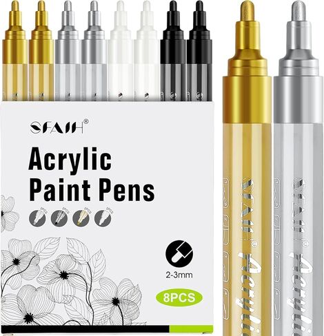 SFAIH Acrylic Silver Paint Pens - 8 Pack 2-3MM Medium Tip & 0.7MM Extra Fine White Paint Marker for Rock Painting, Wood, Metal, Fabric, Canvas, Glass, Ceramic, Diy Crafts in Kuwait