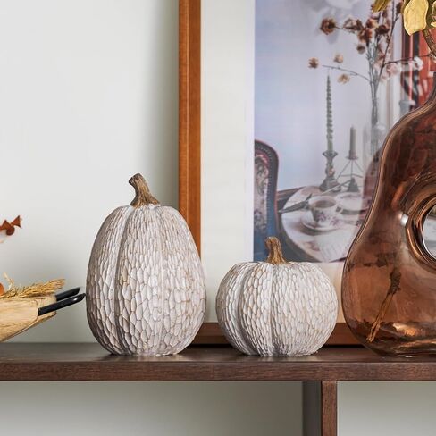 Thanksgiving Resin Pumpkin Decor, Brown and White Pumpkin Statue for Fall Harvest Decor, Faux Decorative Pumpkins Figurine for Table Centerpiece, Autumn Countryside Style Home Decor, Set of 2, Gift in Kuwait