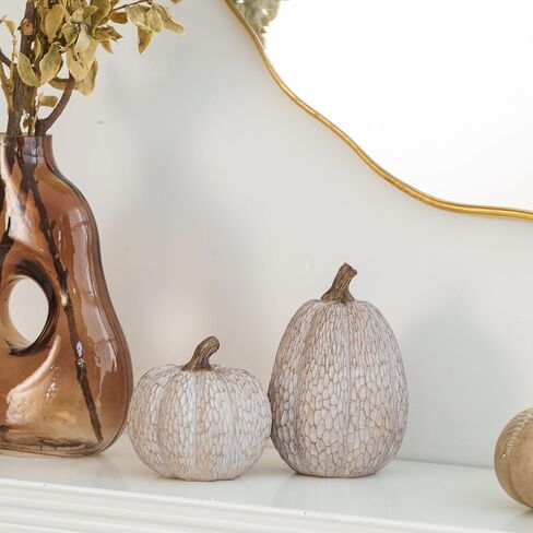 Thanksgiving Resin Pumpkin Decor, Brown and White Pumpkin Statue for Fall Harvest Decor, Faux Decorative Pumpkins Figurine for Table Centerpiece, Autumn Countryside Style Home Decor, Set of 2, Gift in Kuwait