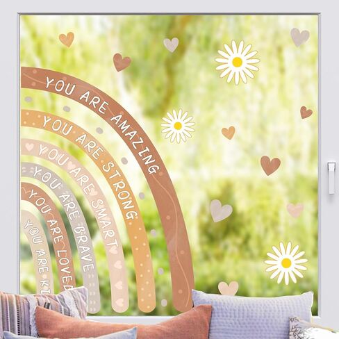 Rainbow Window Stickers Double Sided Window Decals for Baby Girls Bedroom Peel and Stick Positive Affirmation Glass Sticker Kids Inspirational Window Clings Heart Vinyl Stickers for Playroom Nursery in Kuwait