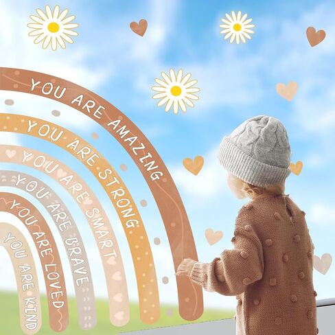 Rainbow Window Stickers Double Sided Window Decals for Baby Girls Bedroom Peel and Stick Positive Affirmation Glass Sticker Kids Inspirational Window Clings Heart Vinyl Stickers for Playroom Nursery in Kuwait