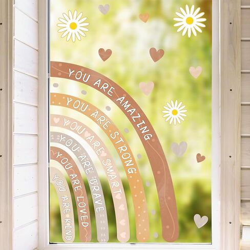 Rainbow Window Stickers Double Sided Window Decals for Baby Girls Bedroom Peel and Stick Positive Affirmation Glass Sticker Kids Inspirational Window Clings Heart Vinyl Stickers for Playroom Nursery in Kuwait
