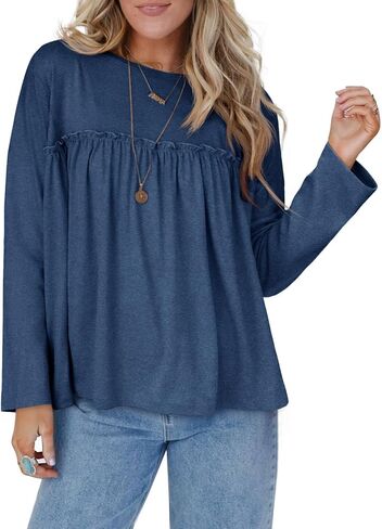 Cicy Bell Womens Babydoll Tunic Tops Pleated Long Sleeve Crew Neck Peplum Shirts Casual Loose Fit Flowy Blouse in Saudi Arabia