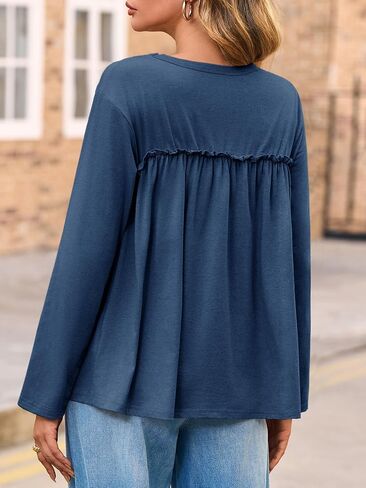 Cicy Bell Womens Babydoll Tunic Tops Pleated Long Sleeve Crew Neck Peplum Shirts Casual Loose Fit Flowy Blouse in Saudi Arabia