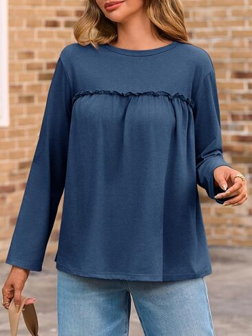 Cicy Bell Womens Babydoll Tunic Tops Pleated Long Sleeve Crew Neck Peplum Shirts Casual Loose Fit Flowy Blouse in Saudi Arabia