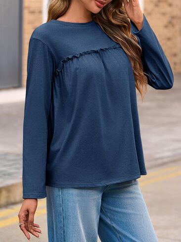Cicy Bell Womens Babydoll Tunic Tops Pleated Long Sleeve Crew Neck Peplum Shirts Casual Loose Fit Flowy Blouse in Saudi Arabia