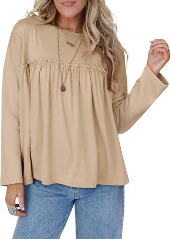 Cicy Bell Womens Babydoll Tunic Tops Pleated Long Sleeve Crew Neck Peplum Shirts Casual Loose Fit Flowy Blouse in Saudi Arabia