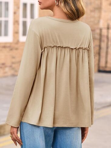 Cicy Bell Womens Babydoll Tunic Tops Pleated Long Sleeve Crew Neck Peplum Shirts Casual Loose Fit Flowy Blouse in Saudi Arabia