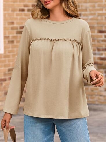 Cicy Bell Womens Babydoll Tunic Tops Pleated Long Sleeve Crew Neck Peplum Shirts Casual Loose Fit Flowy Blouse in Saudi Arabia