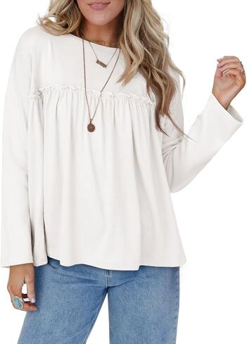 Cicy Bell Womens Babydoll Tunic Tops Pleated Long Sleeve Crew Neck Peplum Shirts Casual Loose Fit Flowy Blouse in Saudi Arabia