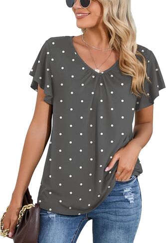 Iandroiy المرأة غير الرسمية shirred v-neck أعلى الكشكش القمصان قصيرة الأكمام in Kuwait