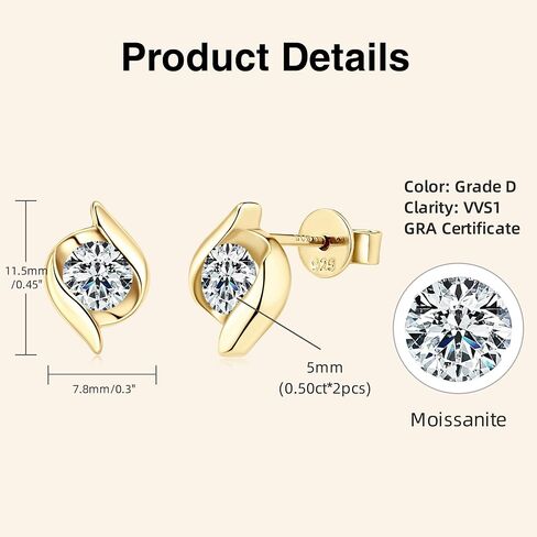 925 Sterling Silver Moissanite Stud أقراط ، 0.5 CT D Color VVS1 Round Round Diamond Miamond Hypoallergenic أقراط للنساء والرجال in Kuwait