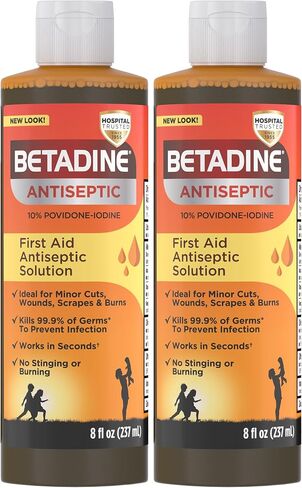محلول الإسعافات الأولية للمطهرات السائل Betadine ، بوفيدون-يودين 10 ٪ ، يقتل الجراثيم في قطع طفيفة من الخدوش والحروق ، ولا وعد لاذع ، ولا كحول أو بيروكسيد الهيدروجين ، 8 أوقية (حزمة 2) in Kuwait
