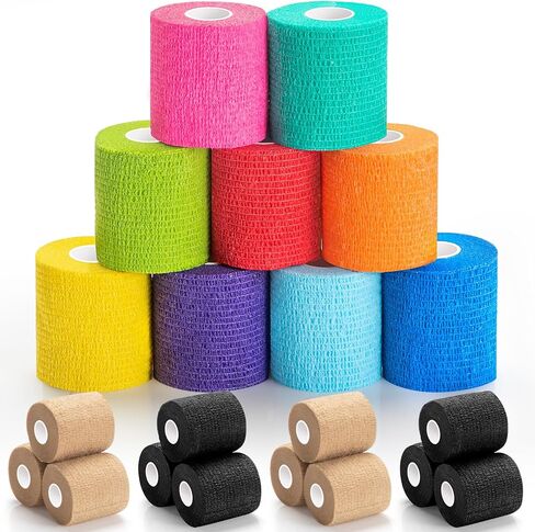 Wrapped 9 عبوات لاصق ضمادة لماشية-2 بوصة × 5 ياردة مرنة التفاف ضمادة متماسكة ، التفاف الطبيب البيطري ، لفائف رياضية رياضية التمدد الشريط المعصم الملبس ذاتيا (متعدد الألوان) in Kuwait