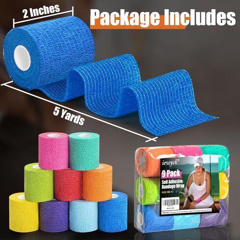 Wrapped 9 عبوات لاصق ضمادة لماشية-2 بوصة × 5 ياردة مرنة التفاف ضمادة متماسكة ، التفاف الطبيب البيطري ، لفائف رياضية رياضية التمدد الشريط المعصم الملبس ذاتيا (متعدد الألوان) in Kuwait
