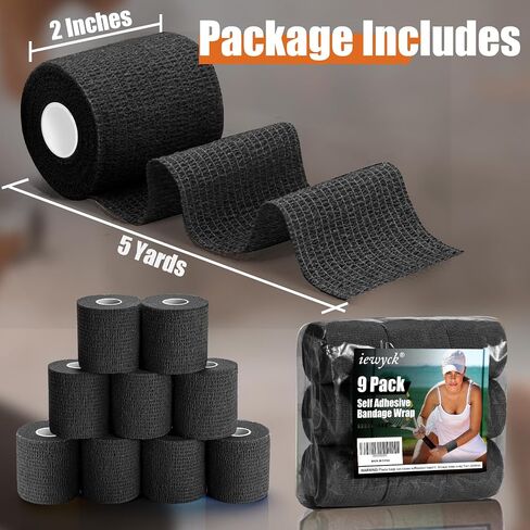 Wrapped 9 عبوات لاصق ضمادة لماشية-2 بوصة × 5 ياردة مرنة التفاف ضمادة متماسكة ، التفاف الطبيب البيطري ، لفائف رياضية رياضية التمدد الشريط المعصم الملبس ذاتيا (متعدد الألوان) in Kuwait