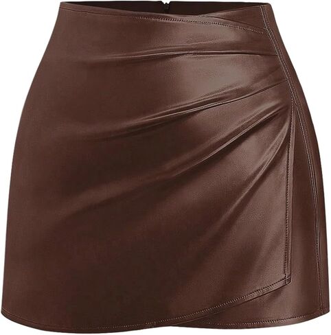 GORGLITTER Women's High Waisted Leather Skirt Wrap Ruched Bodycon Mini Skirts in Saudi Arabia