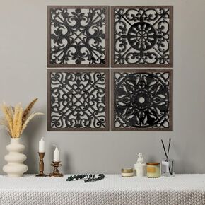 Tatuo 4 PCS Wood Art Wall Decor Farmhouse Displative Wood Decord Decord Wall Decoring لغرفة المعيشة غرفة الطعام المطبخ (مربع ، بني غامق ، أسود) in Kuwait