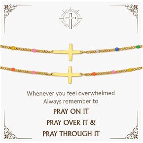 Gold Cross Bracelet for Women - 14k Gold Plated 2PCS Cross Bracelet Set,Dainty Non Tarnish Golden Christian Prayer Jewelry,Inspirational Religious Confirmation Baptism Faith Gift for Sister Friend Mom in Kuwait