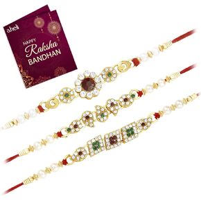 Aheli Thread Rakhi for Brother Beautiful Kundan Beads Raksha Bandhan Rakhi Special with Greeting CardCombo, Pack of 3 in Saudi Arabia