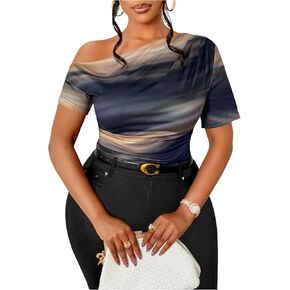 Women's Plus Size Off Shoulder Tops Tie Dye Short Sleeve Ruched T Shirt Slim Fit Elegant Tees in Saudi Arabia