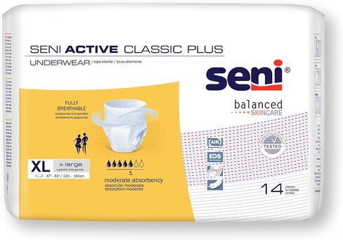 Seni Active Classic Plus Unisex Adult Incontinence Underwear, Size X-Large (47"-63"), 56 Count (4 Packs of 14), Moderate Absorbency, Disposable Underwear with Tear Away Seams for Men & Women in Kuwait