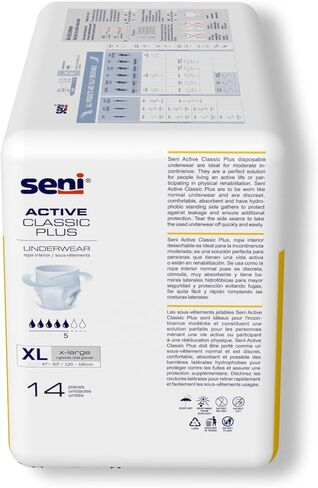 Seni Active Classic Plus Unisex Adult Incontinence Underwear, Size X-Large (47"-63"), 56 Count (4 Packs of 14), Moderate Absorbency, Disposable Underwear with Tear Away Seams for Men & Women in Kuwait
