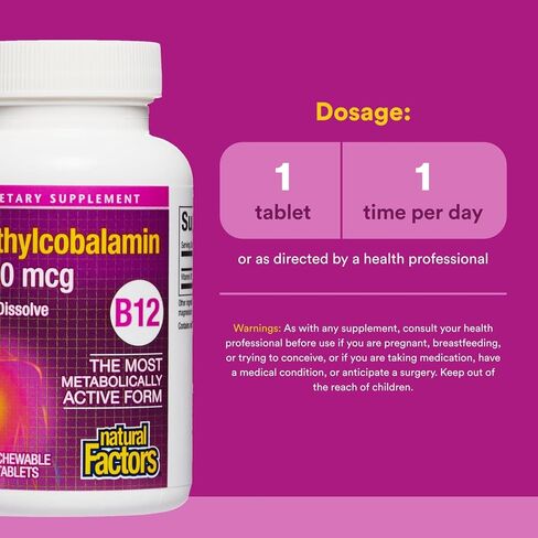 Natural Factors, Vitamin B12 Methylcobalamin 1000 mcg, Chewable Support for Energy and Immune Health, Vegetarian, Gluten Free, 90 tablets (90 servings) in Saudi Arabia