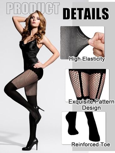 Jansun Faux Thigh High Fishnet Stockings, Women Fishnet Tights Patterned Pantyhose Mock Over the Knee Goth Tights in Kuwait