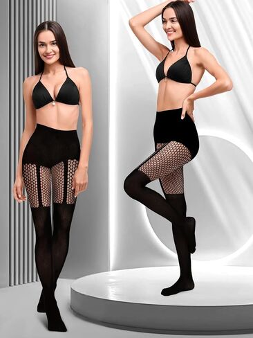 Jansun Faux Thigh High Fishnet Stockings, Women Fishnet Tights Patterned Pantyhose Mock Over the Knee Goth Tights in Kuwait