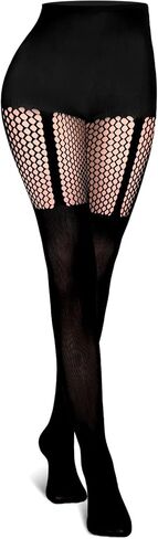Jansun Faux Thigh High Fishnet Stockings, Women Fishnet Tights Patterned Pantyhose Mock Over the Knee Goth Tights in Kuwait