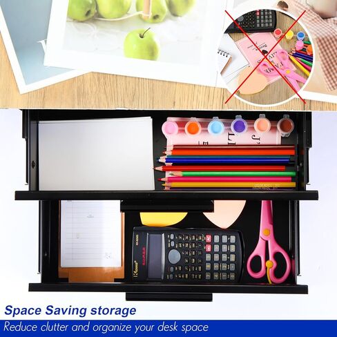 Under Desk Drawer Storage 16x12x8 Inch Pull Out Dual Level Storage Organizer Mounted Metal Sliding Hidden Under Counter Drawer Vertically Stacked for Office Sit Stand Workstation, Black in Kuwait