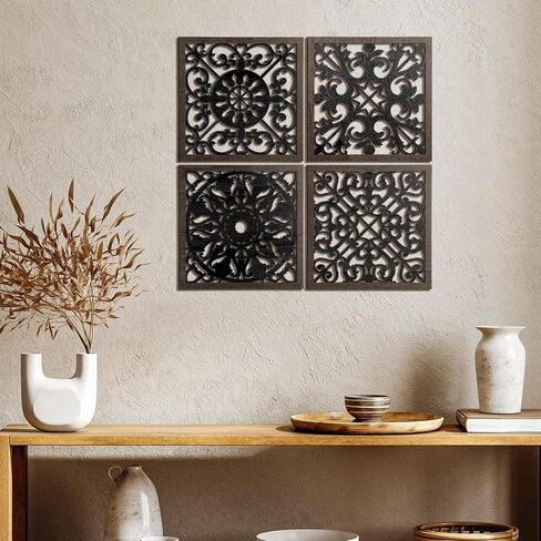 Tatuo 4 PCS Wood Art Wall Decor Farmhouse Displative Wood Decord Decord Wall Decoring لغرفة المعيشة غرفة الطعام المطبخ (مربع ، بني غامق ، أسود) in Kuwait